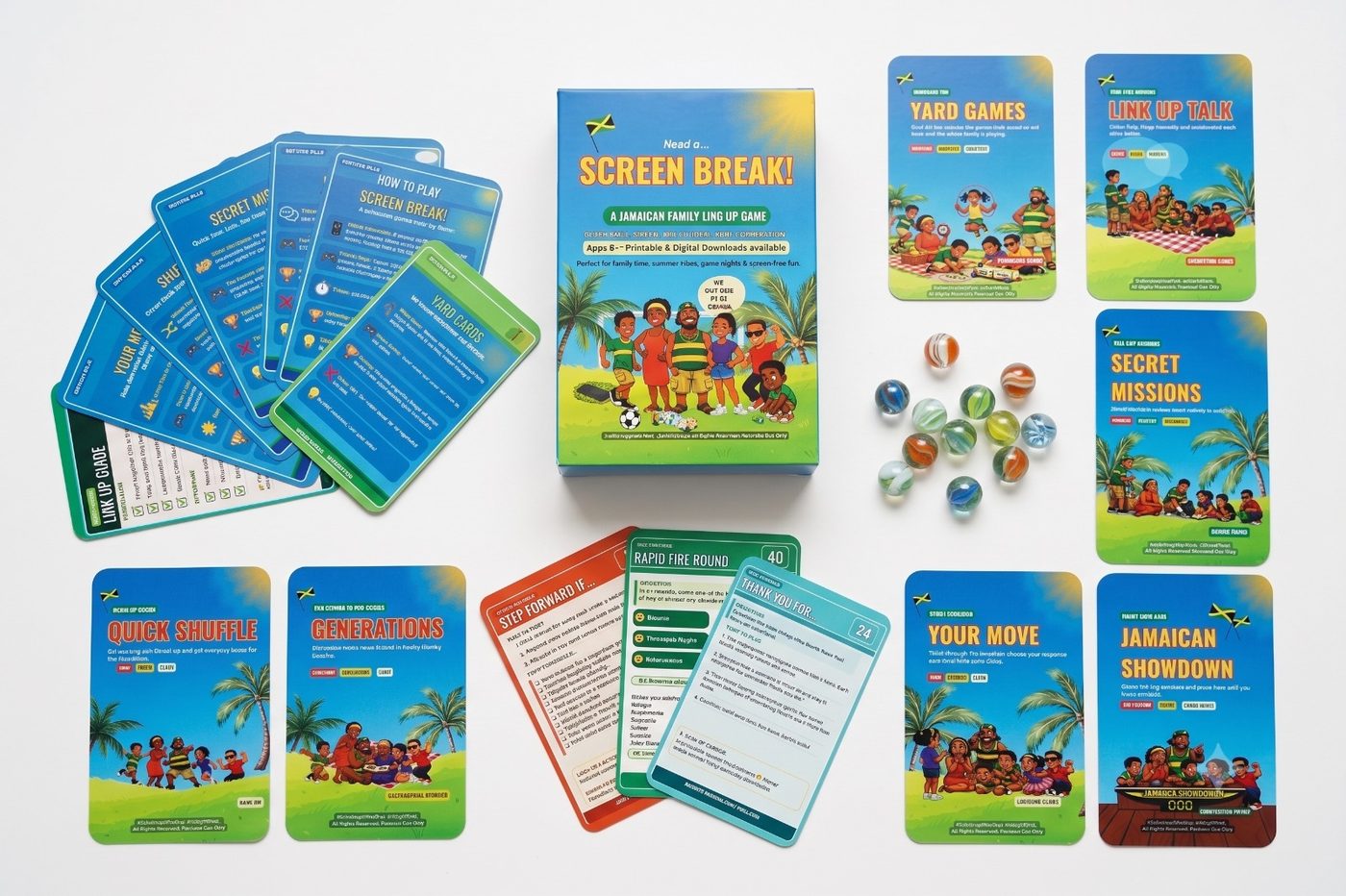SCREEN BREAK family game box, cards and marbles laid out on a table