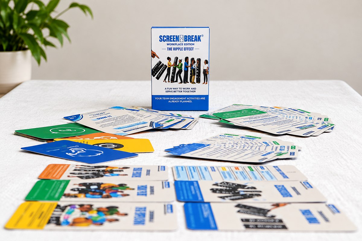 The Workplace Edition box on a table with its cards laid out